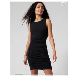 Athleta Stella Dress Black Ruched Fitted High Neck Sleeveless Midi Dress